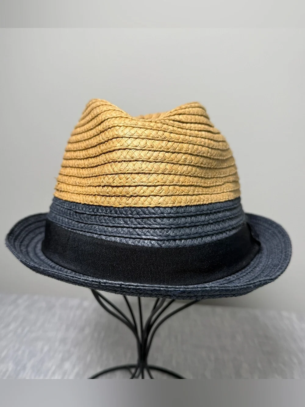 Original Penguin Two-Tone Natural Navy Straw Fedora Porkpie Summer Hat L/XL